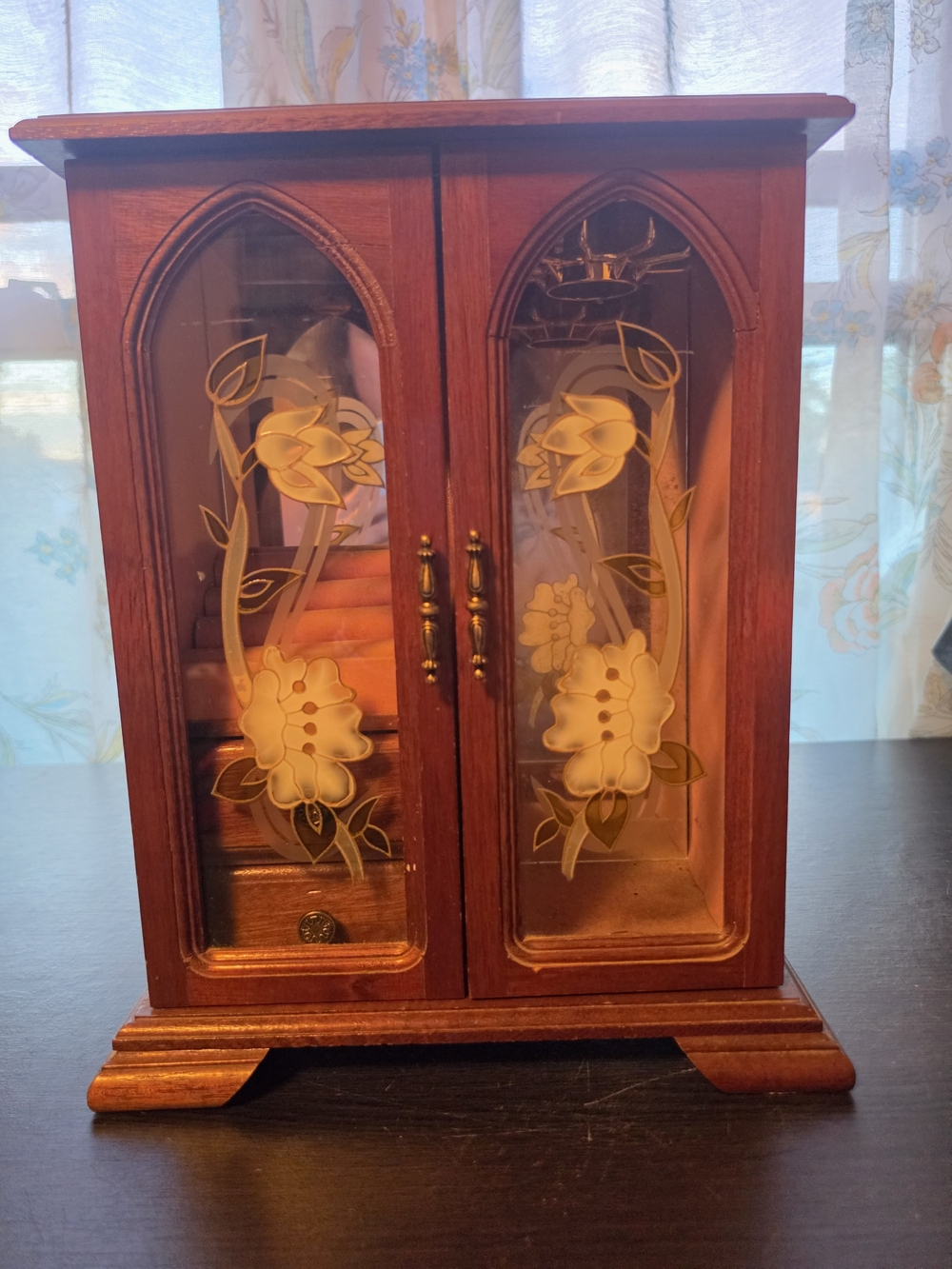 Vintage~ Wood Jewelry Armoire with Floral Frosted Glass Doors